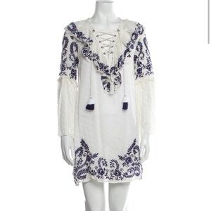 Misa Los Angeles White Dress with Blue Embroidery XS